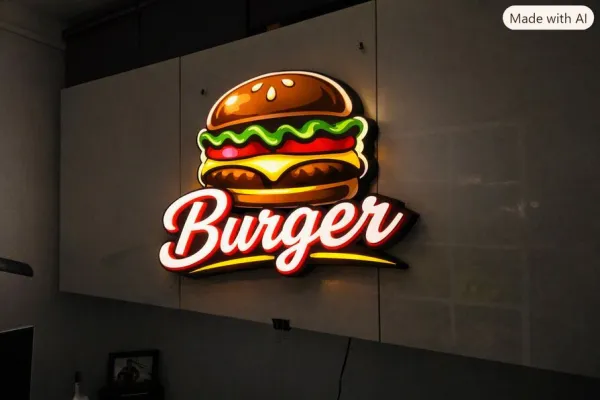 Leuchtreklame für Burger Restaurant mit stilisierter Burger Grafik